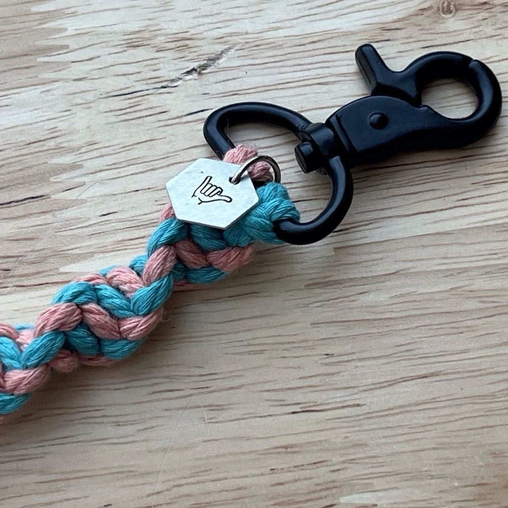 Handmade Macrame Boho Surfer Pink And Teal Keychain With Charm